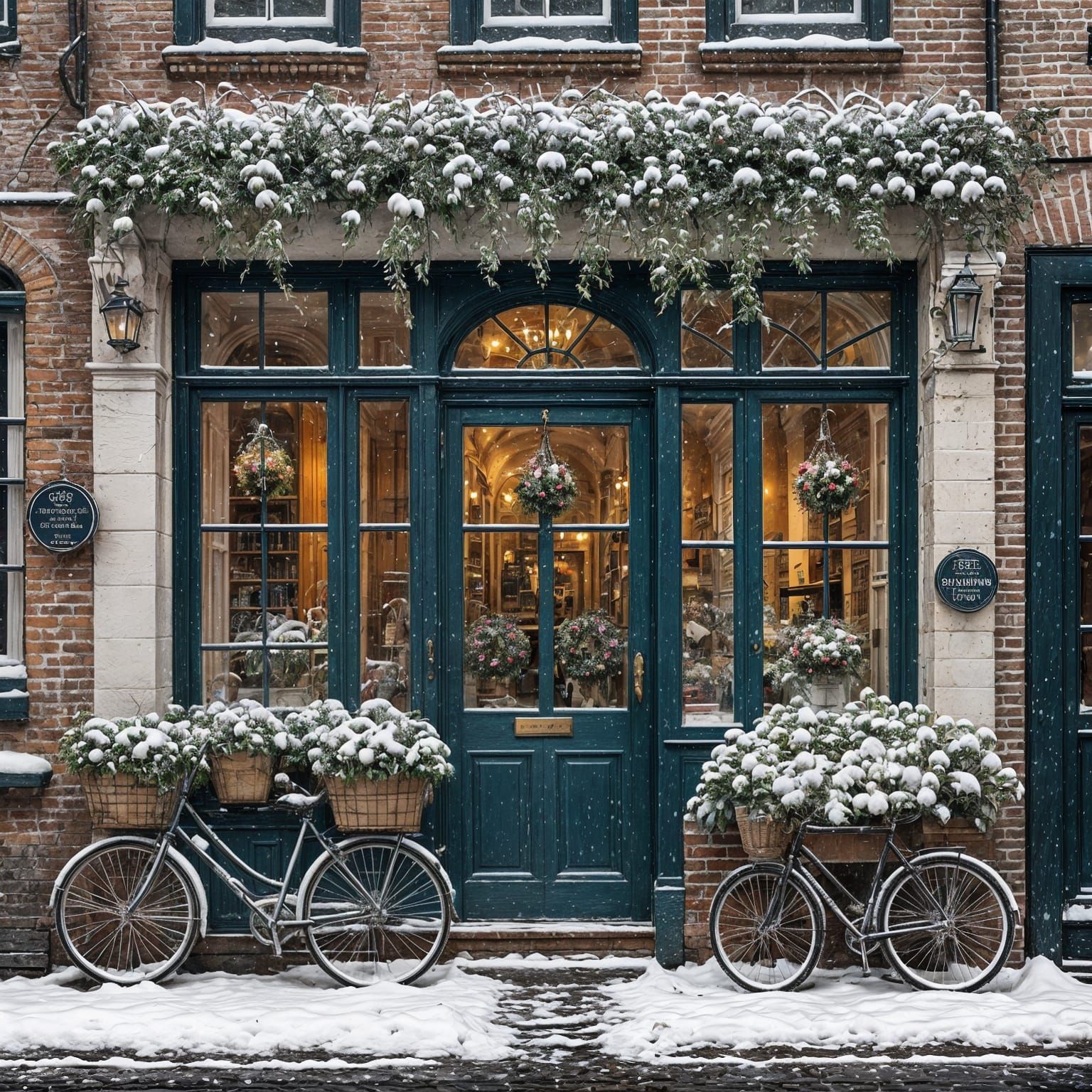 Vintage Bicycle Shop in Snowy Cobblestone Street
