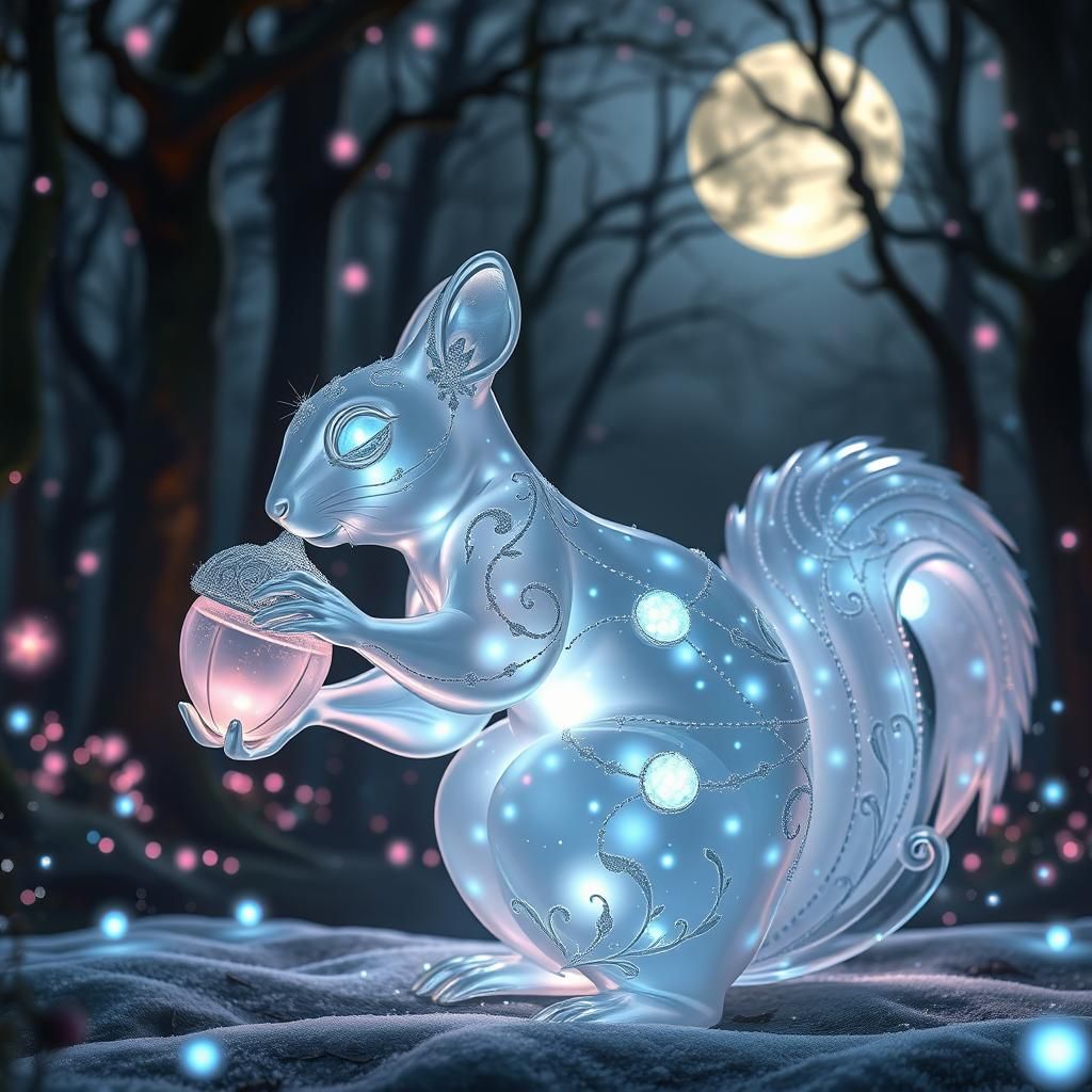 Glowing Glass Squirrel Sculpture in Enchanted Forest