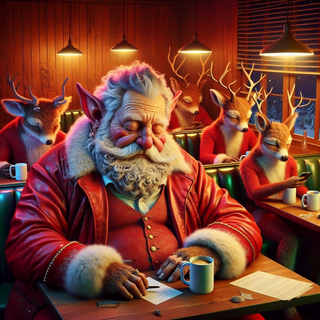 Hyperrealistic Santa Diner Scene with Intelligent Deer