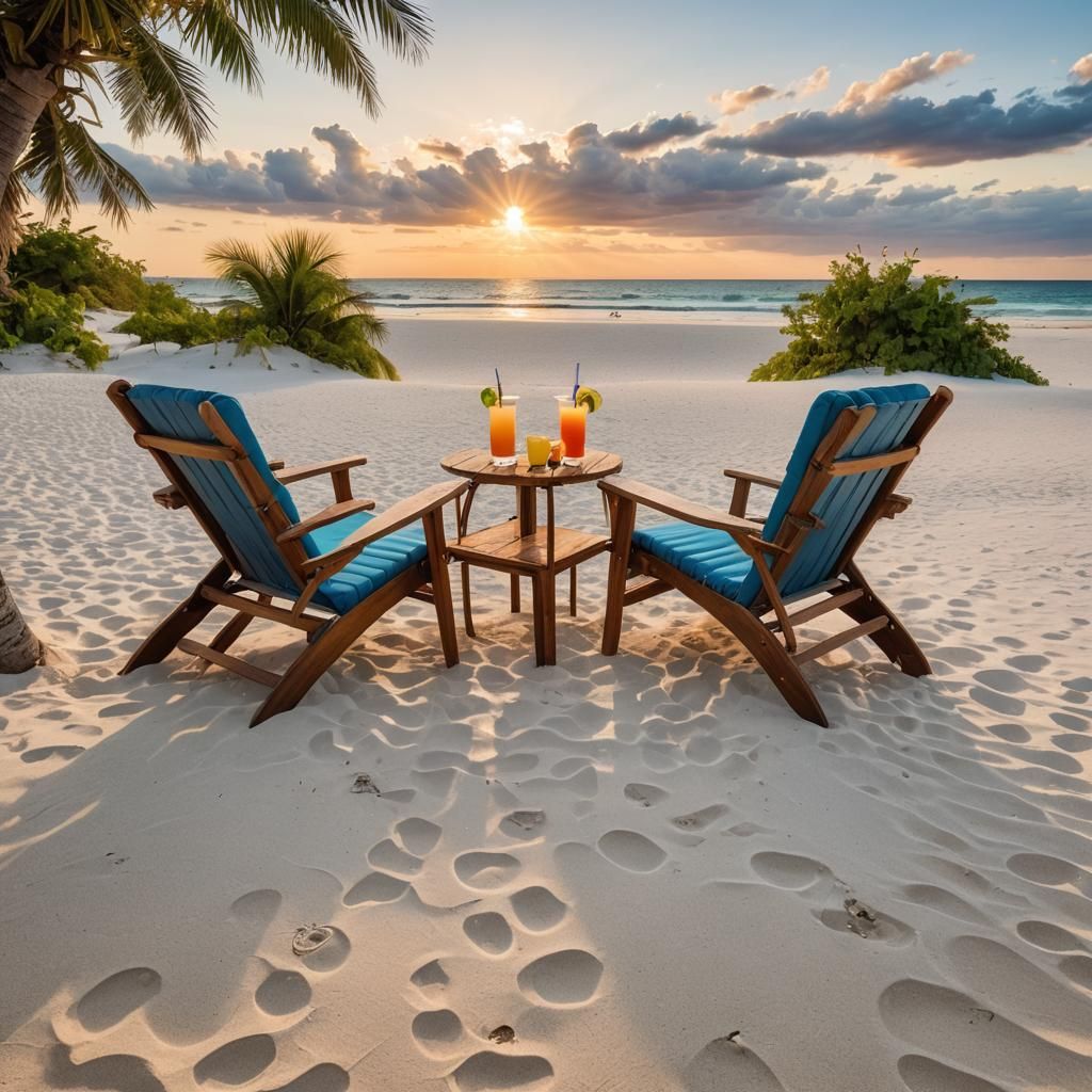 Tropical beach, palm tree's, white sands, blue ocean, golden...