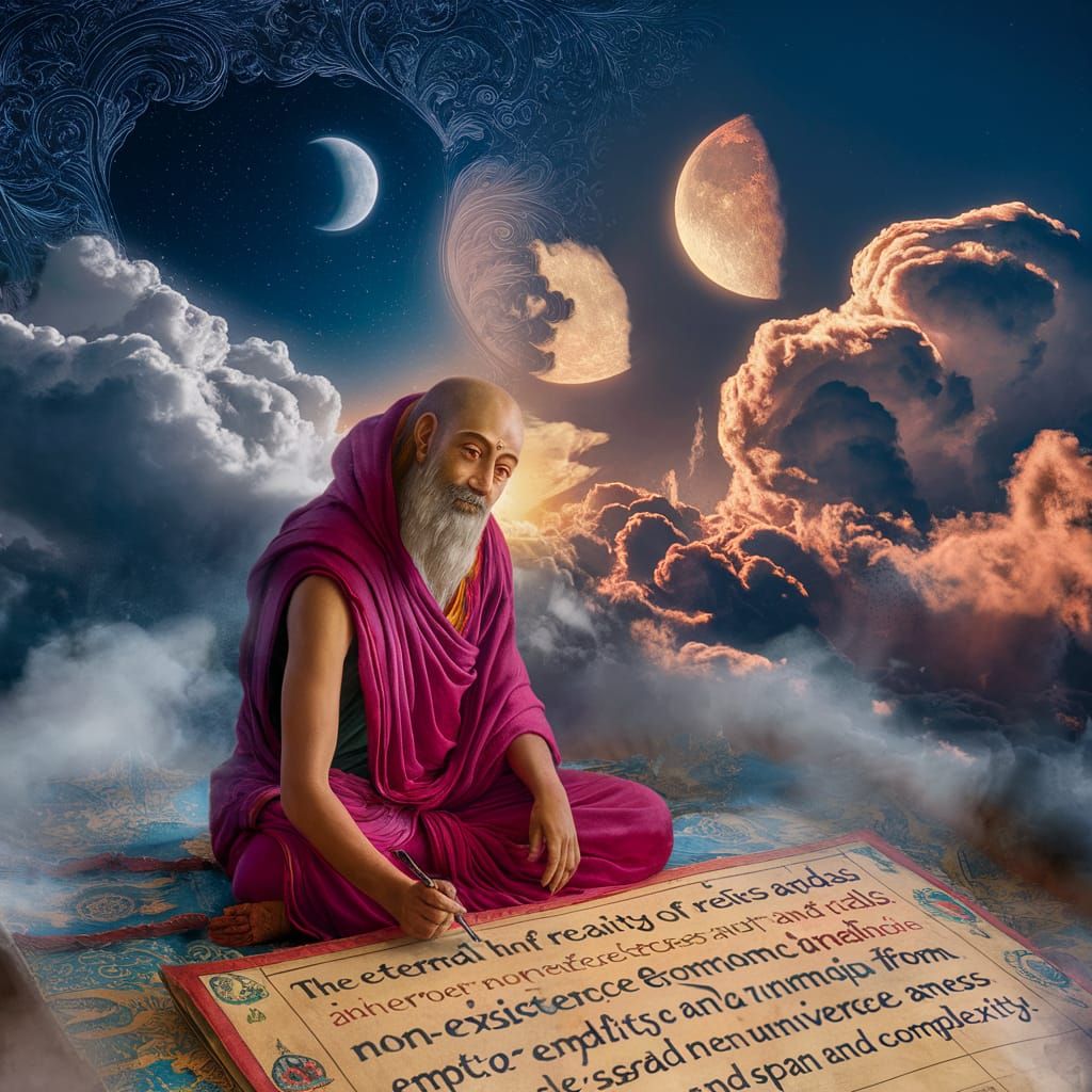 Enlightened Monk Writes in Starry Sky