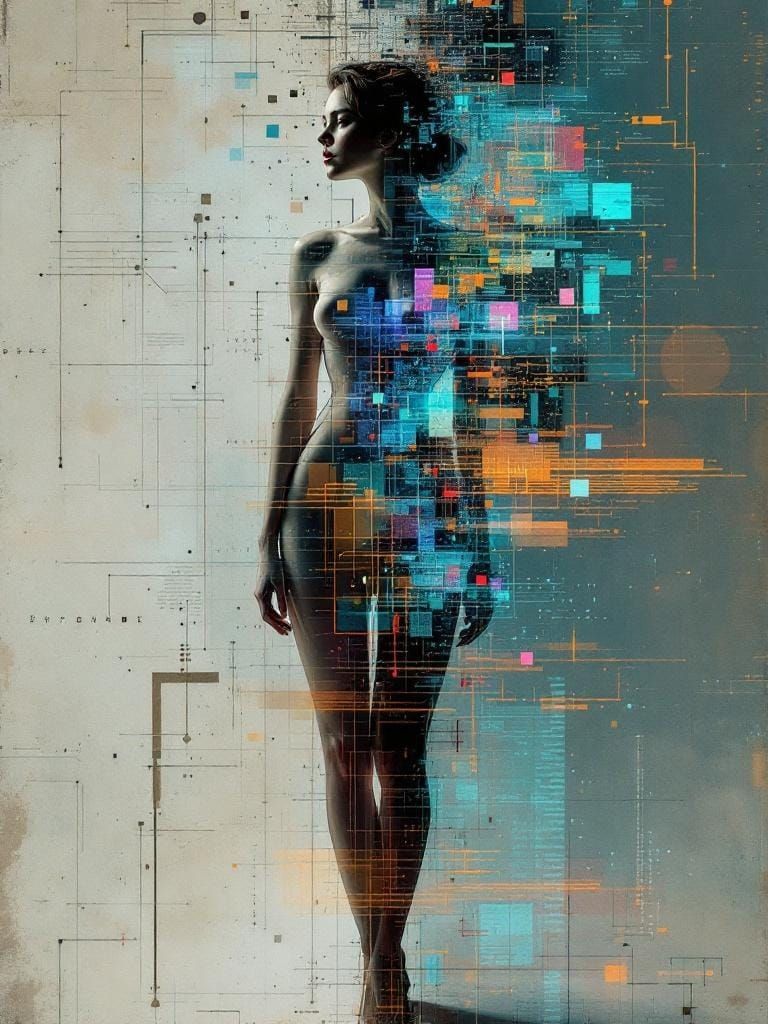 1950s Pin-Up Glitch Art in Alphonse Mucha Style