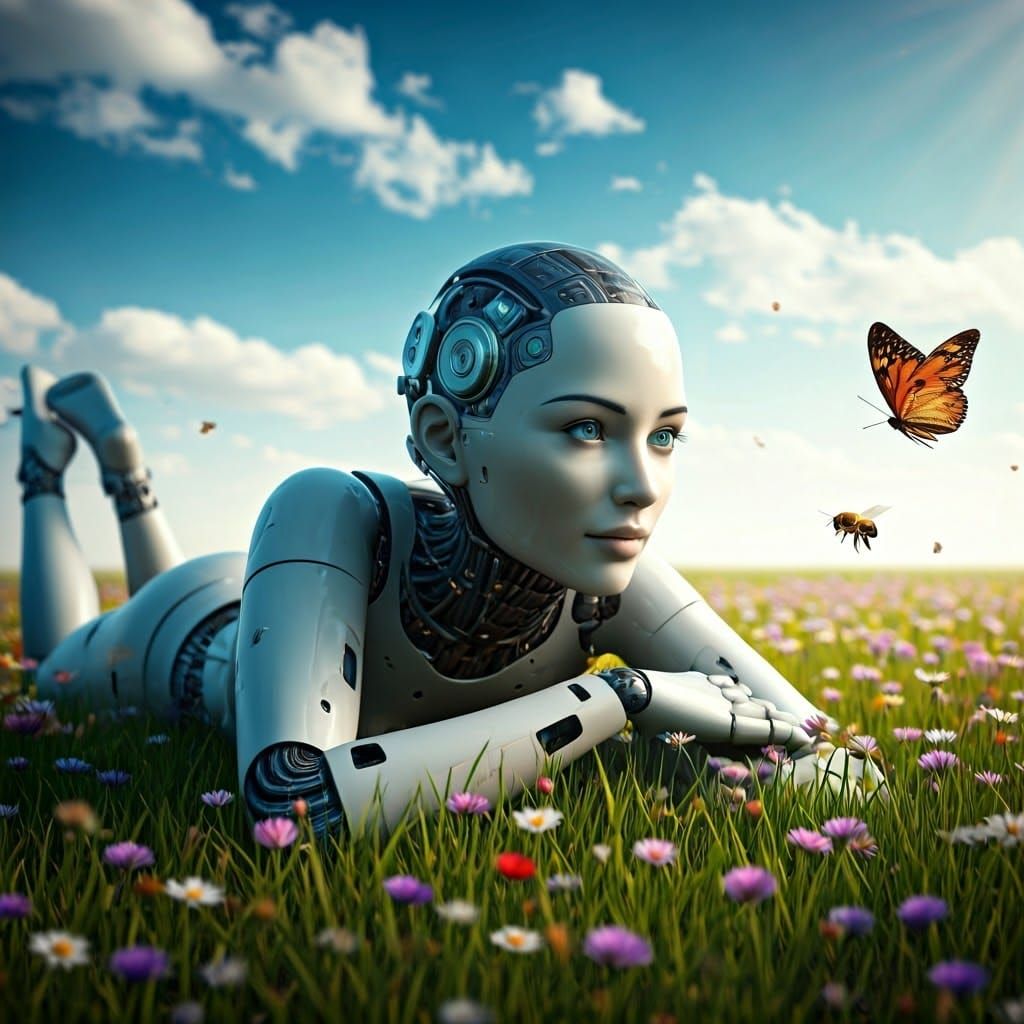 Robot Woman in Meadow, Hyperrealistic Portrait