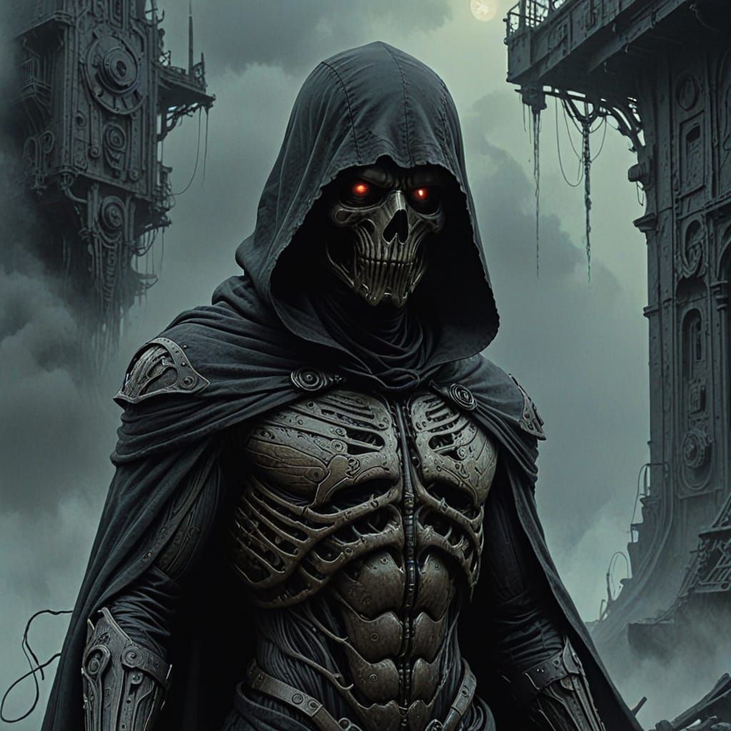 Dark Figure in Clockwork Armor, Surrounded by Mist and Shado...