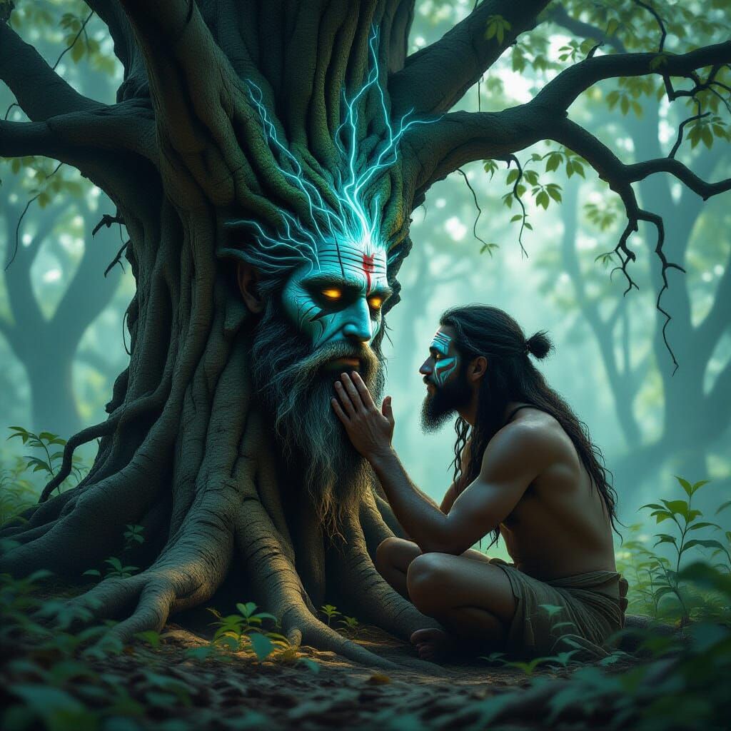 Forest Folk Whispering to Ancient Tree in Digital Painting