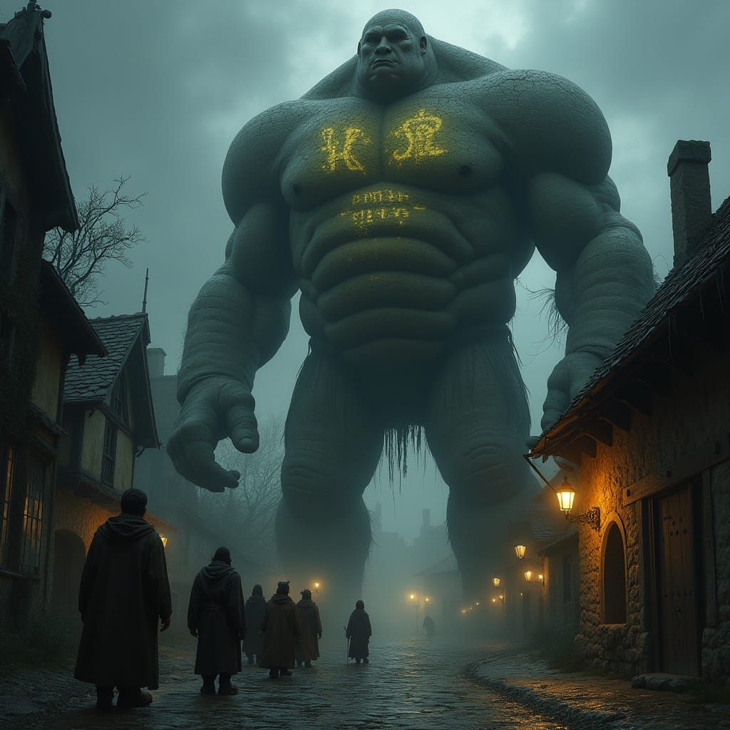 Giant Clay Golem Watches Over Dark Medieval Village at Night