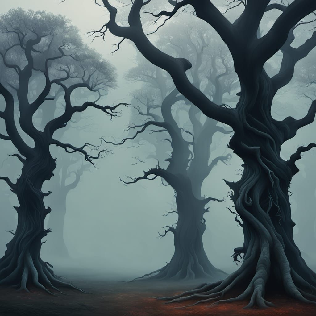 Twisted Oak Trees in a Foggy Surreal Landscape