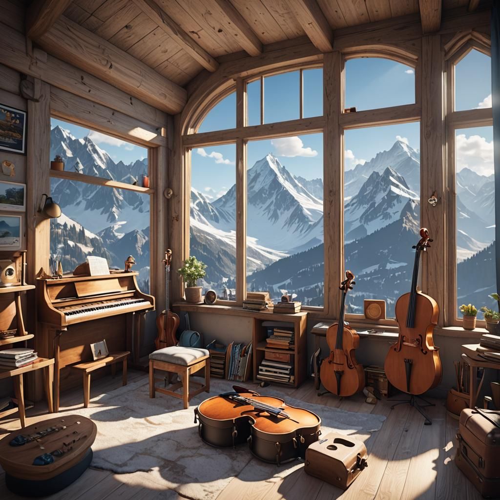 Musical Instruments in Children's Room Overlooking Snowy Mou...