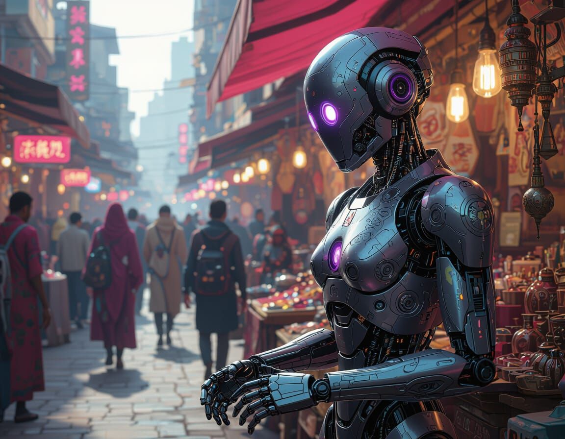 Robot Bargaining in Neon Cyberpunk Marketplace
