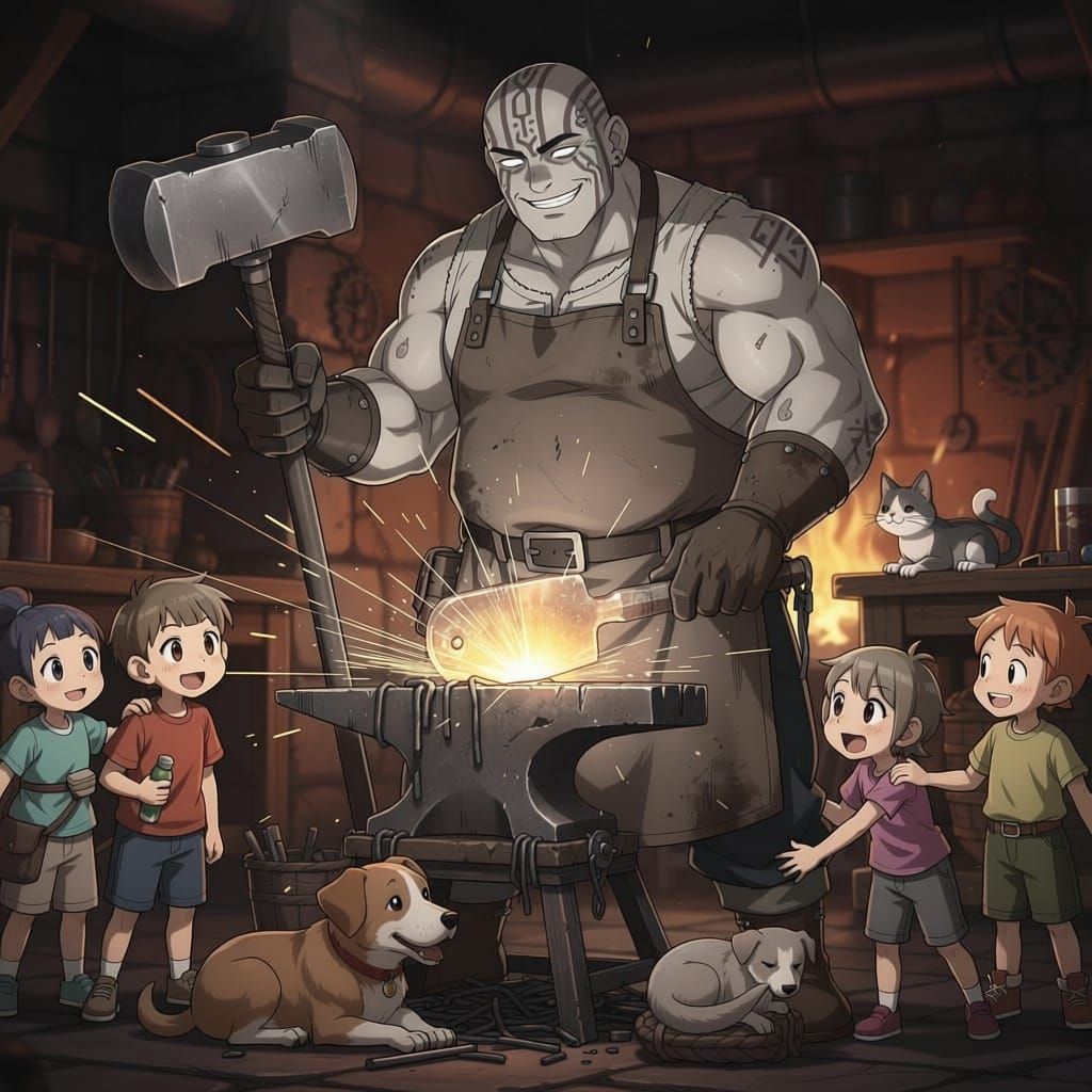 Kind Giant Blacksmith with Tribal Tattoos