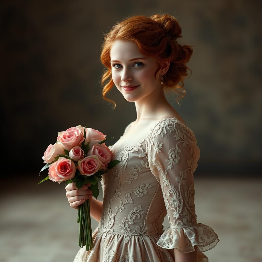 Redhead in XIX Century Gown with Roses
