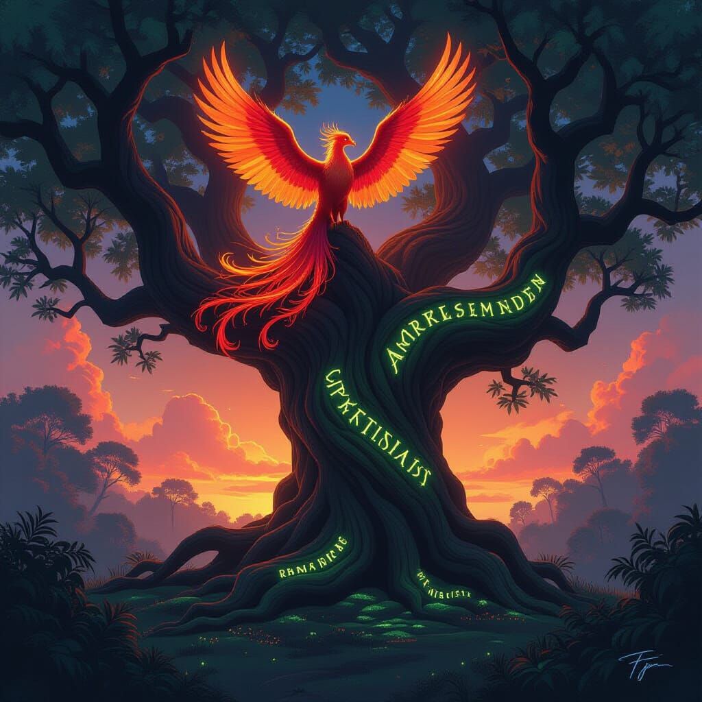 Majestic Phoenix on Ancient Tree with Glowing Runes