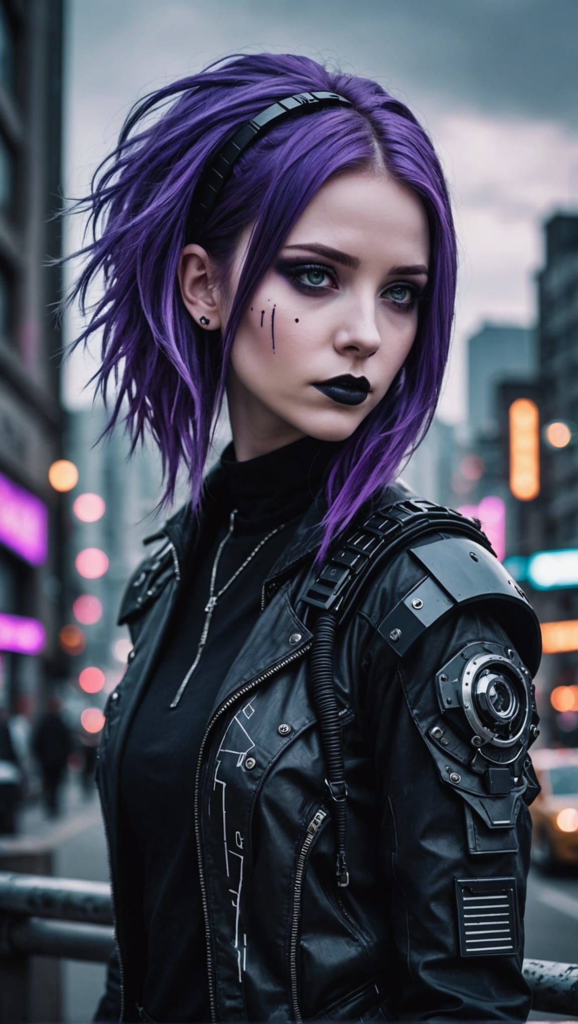 Enchanting Cyberpunk Girl in Purple Hair, Pale Skin
