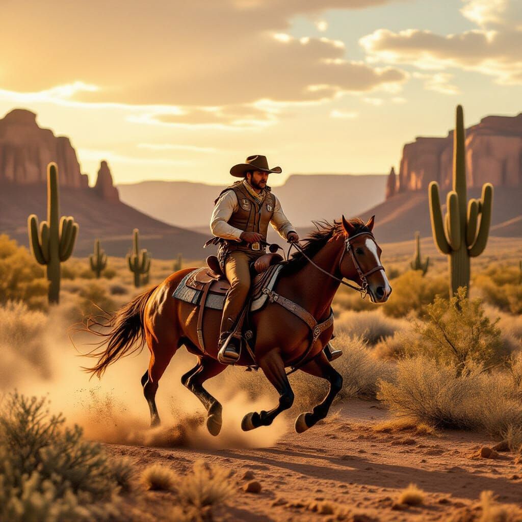 Cowboy Galloping Through Desert Landscape in Golden Light