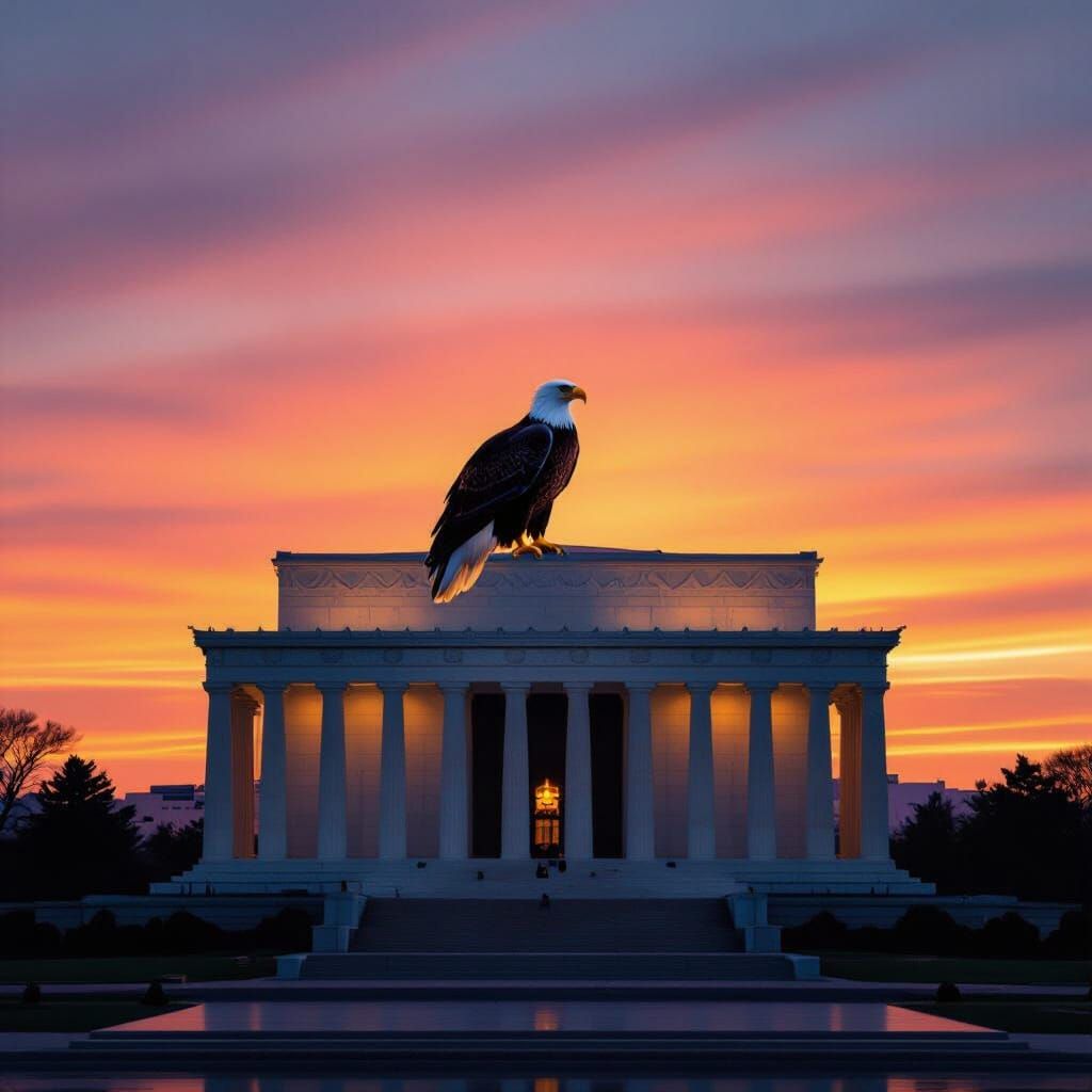 Majestic Eagle Silhouetted at Lincoln Memorial Sunrise