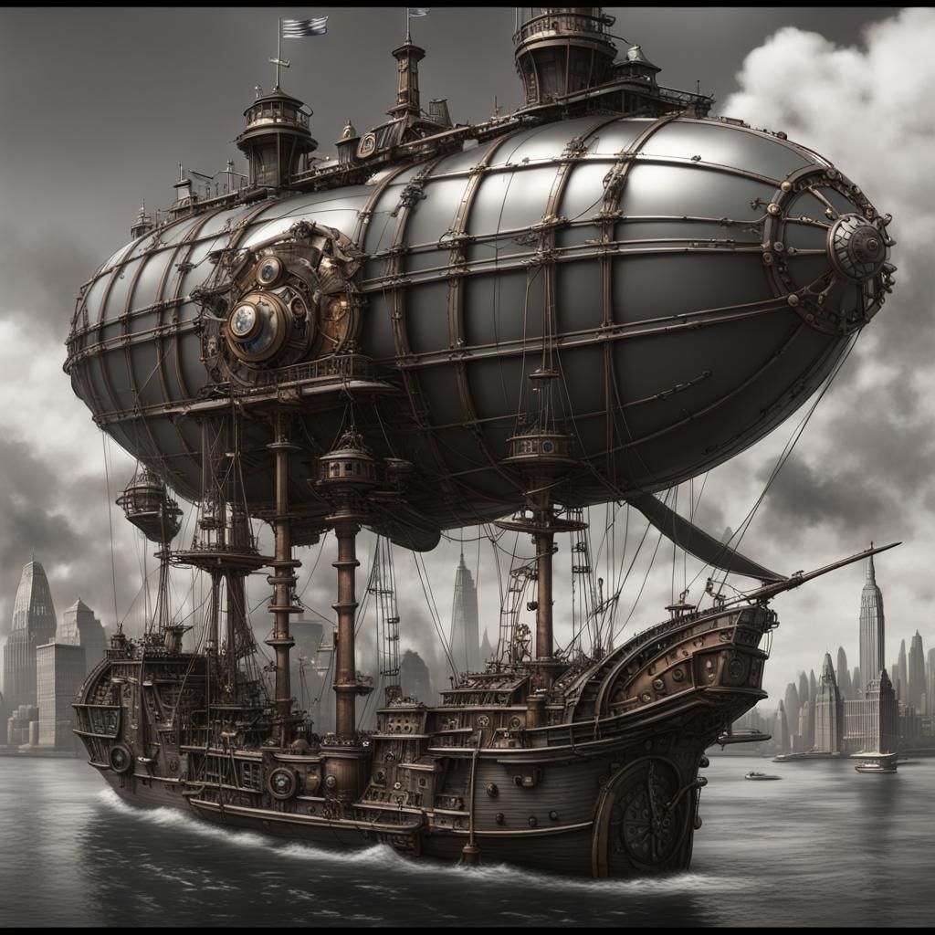 Steampunk Pirate Airship Over New York City, Grayscale