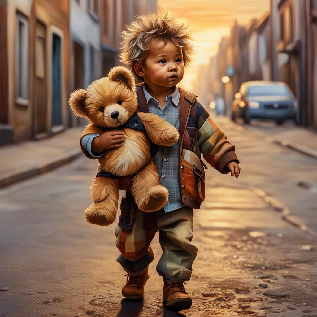 Boy with Teddy Bear: Impasto Oil Painting