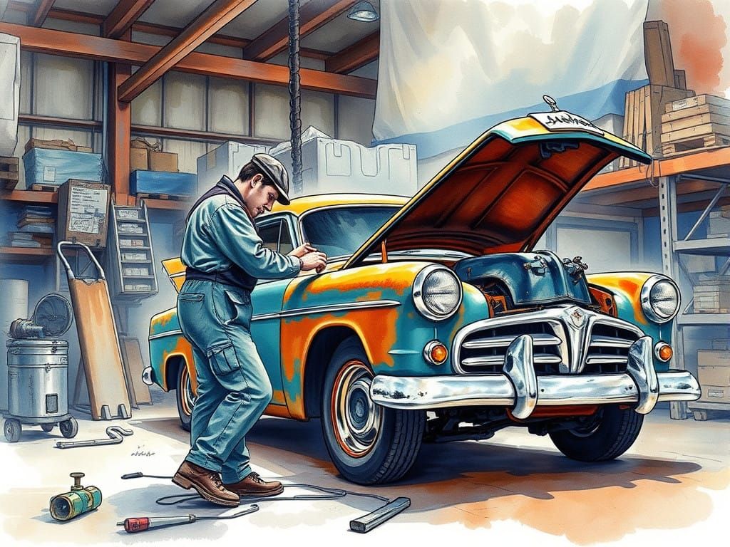 Vintage Car Repair in a Warehouse, in Watercolor Style
