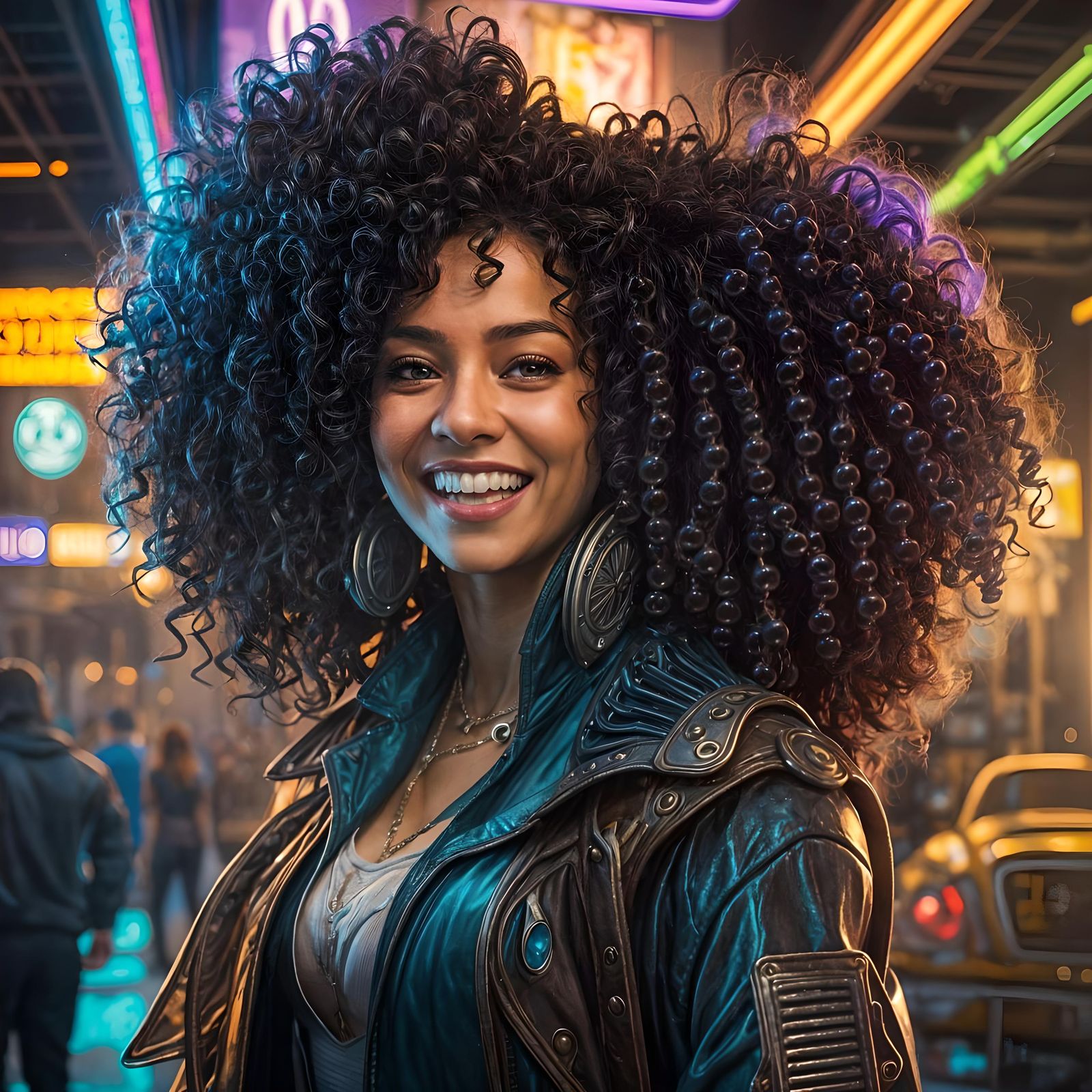 Joyful Woman in Cyberpunk City with Neon Lights