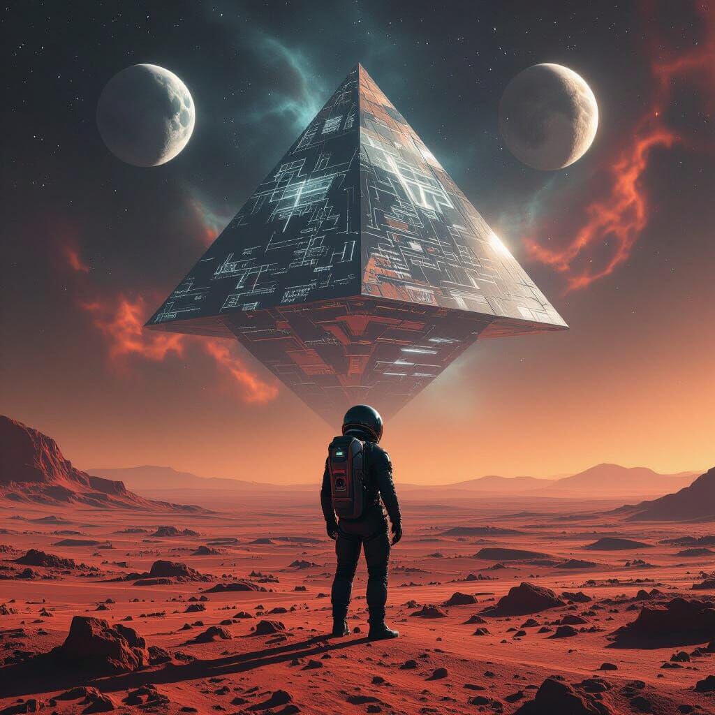Astronaut on Alien Planet with Fractal Pyramid