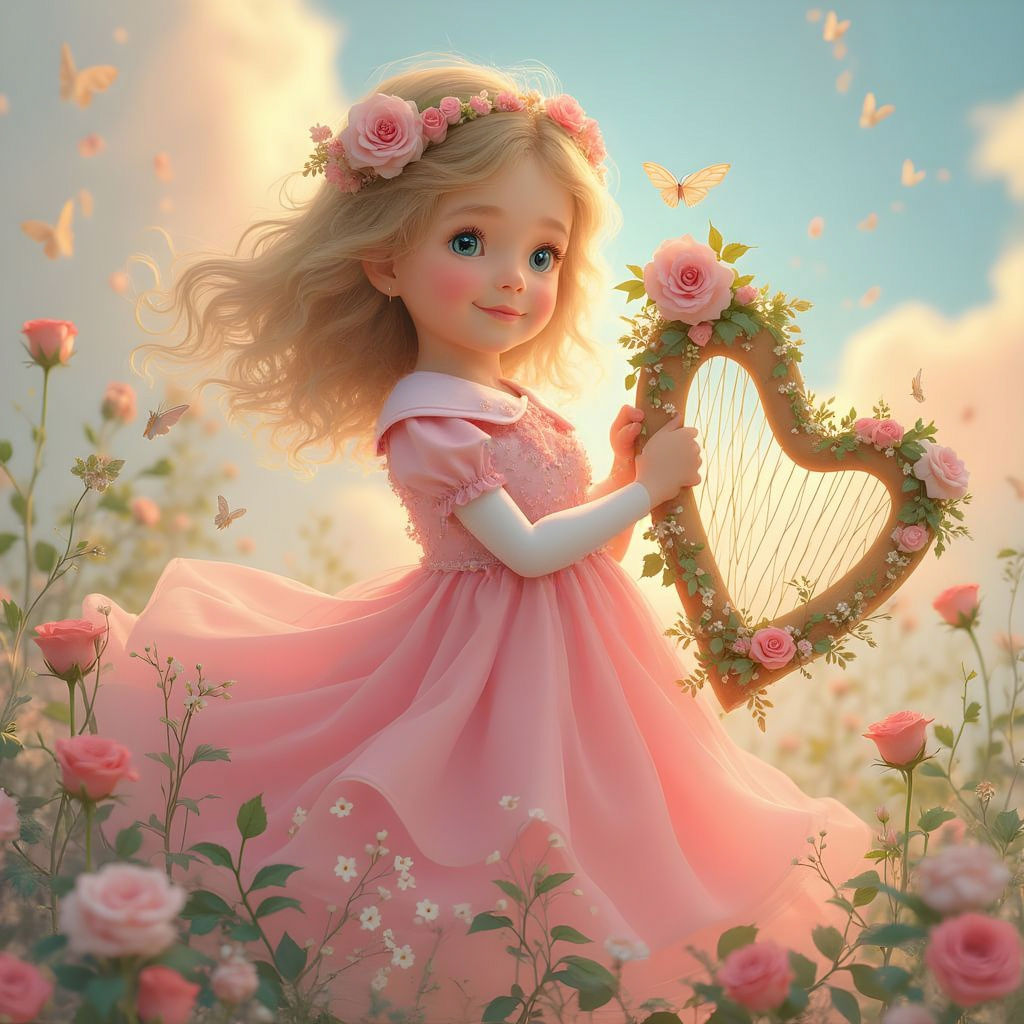 Whimsical Girl with Heart-Shaped Harp in Dreamy Landscape