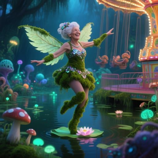 Moss Showgirl Dances in Bioluminescent Swamp