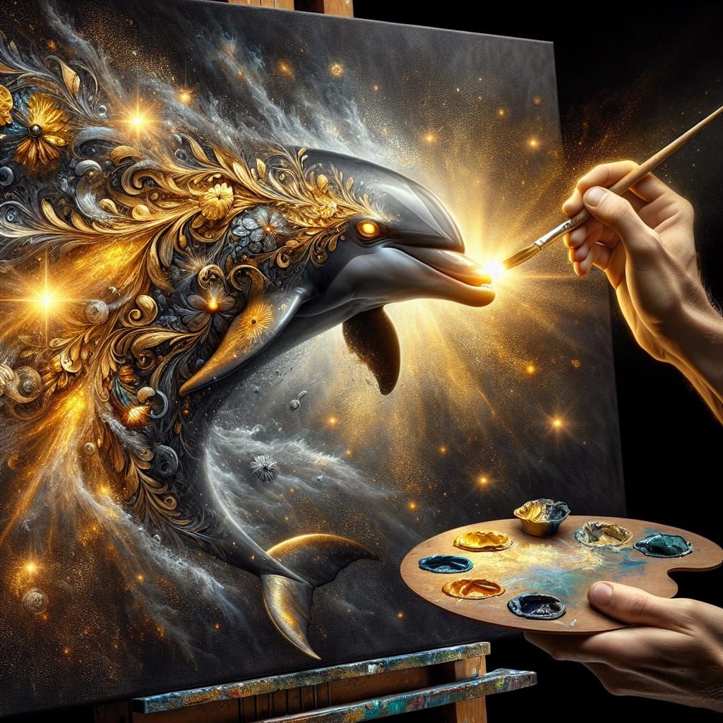 Golden Dolphin Emerges from Splattered Paint in a Stunning P...