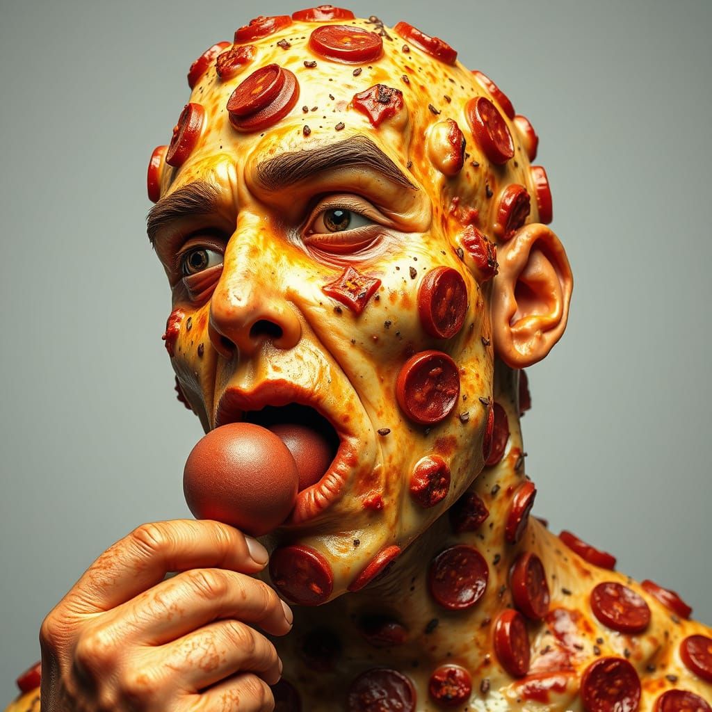A mans made entirely of pizza. He licks his pepperoni lips. Ultra realistic