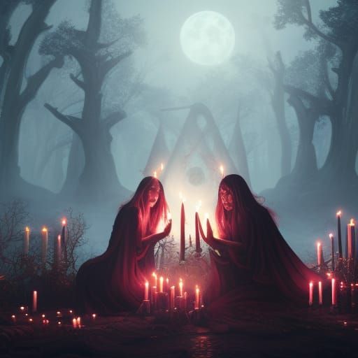 Witches Summoning Demons Under Full Moon