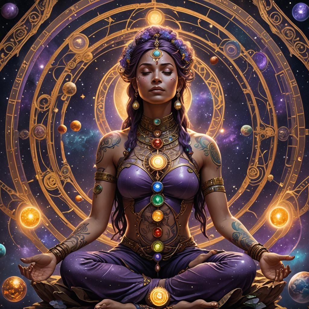 Tattooed Woman Meditating in Space: Fantasy Art