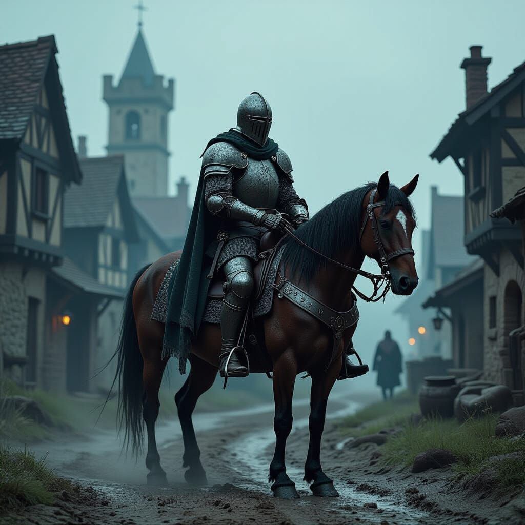 Knight Rides Through Ruined Village in Fantasy Style