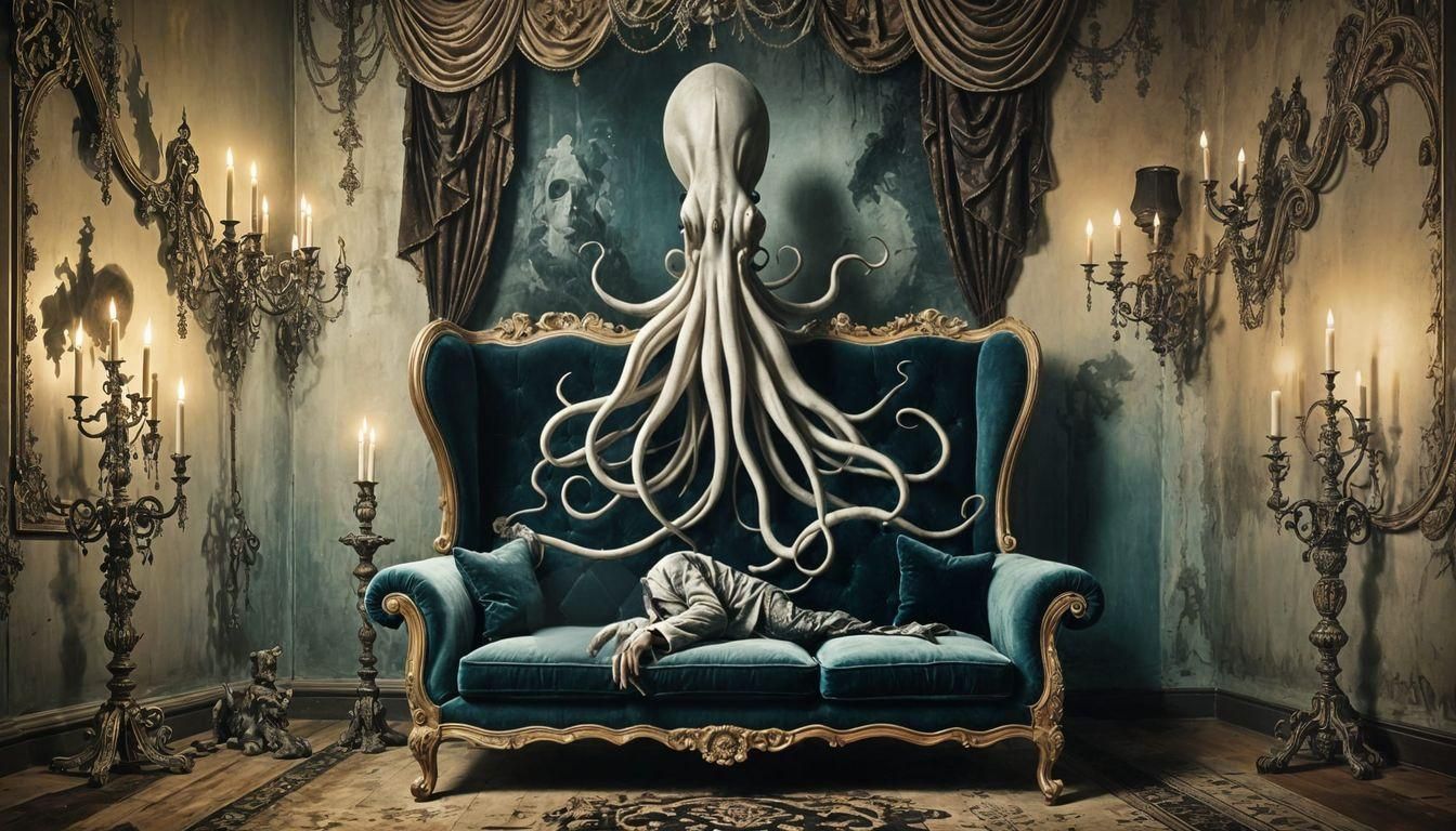 Giant Squid Lounging in Ornate Room, Surrealist Art