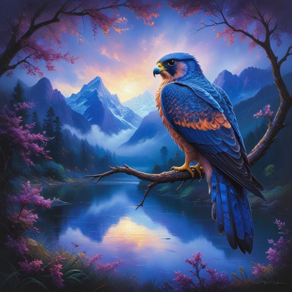 Vibrant Peregrine Falcon perched on a branch amidst majestic...