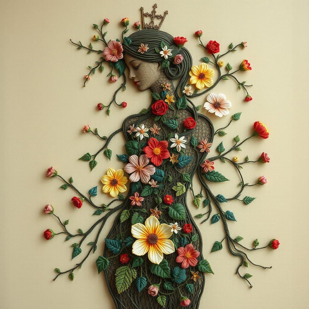 Woven Tapestry Surrealism, vines and flowers form a feminine silhouette