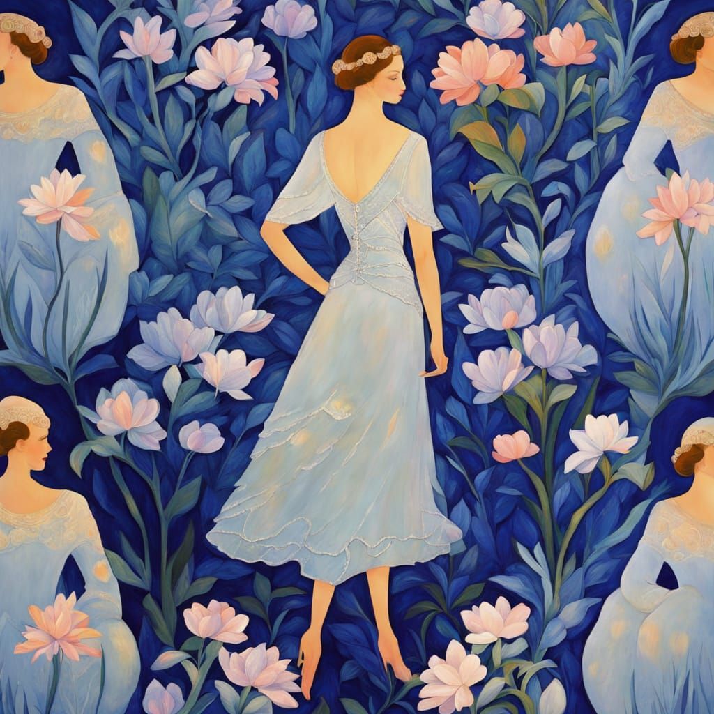 Art Deco Painting of Elegant Woman in Garden at Blue Hour