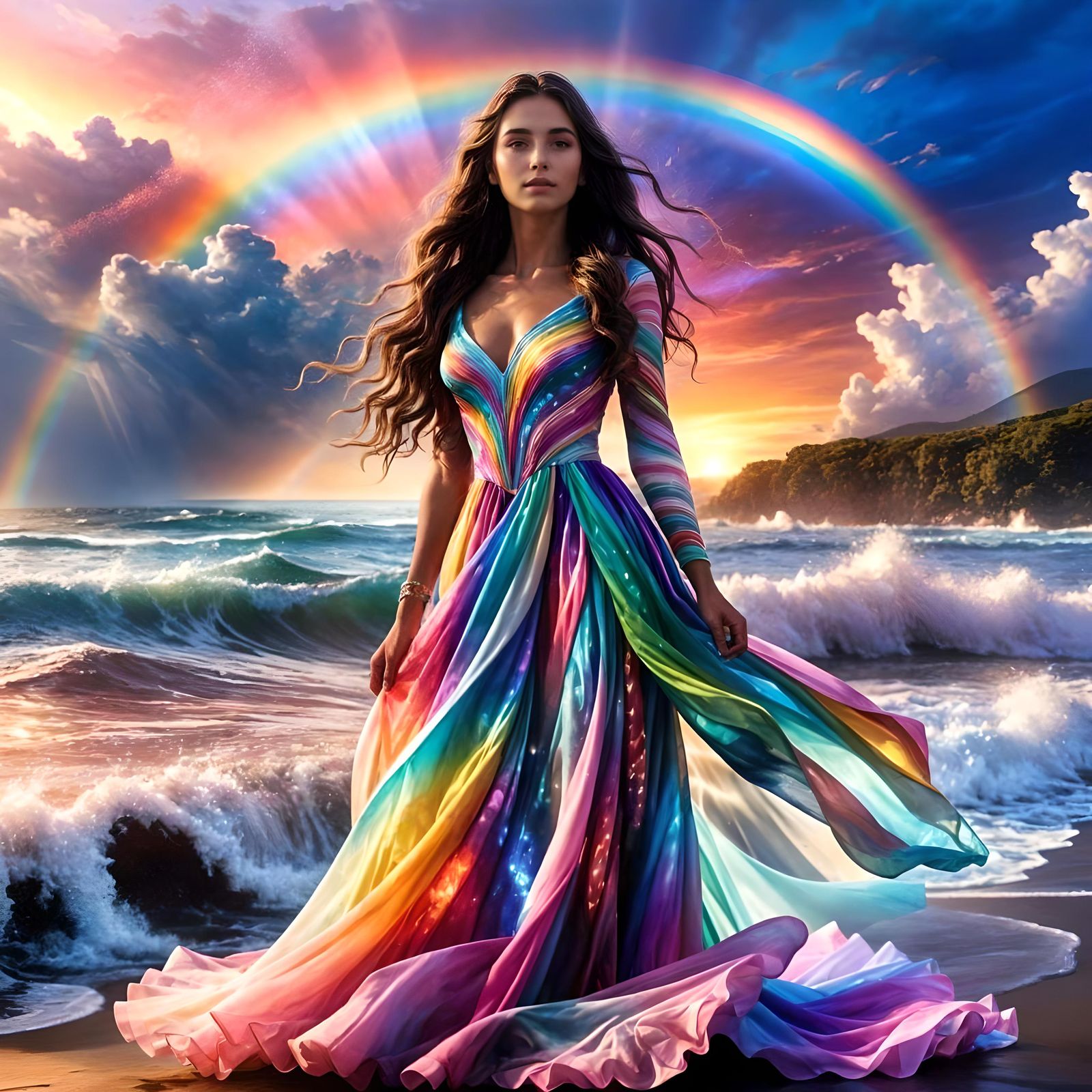 Rainbow Woman in Waves with Fantasy Sunset