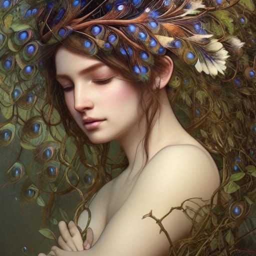 Peacock Nymph Portrait in Art Nouveau Style