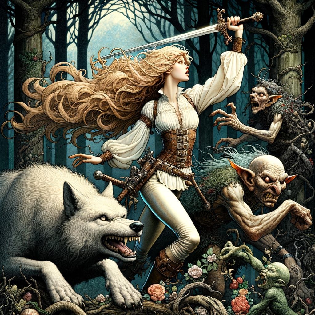 Forest Fairy Queen Battles Goblins With Dire Wolf