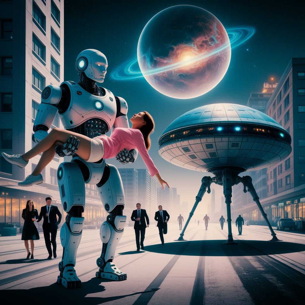 Robot Abduction by Spaceship in Pablo Amaringo Style