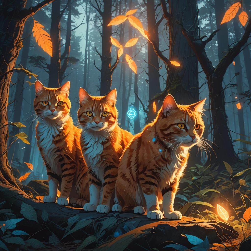 Mystical Cats with Glowing Auras in Fantasy Forest