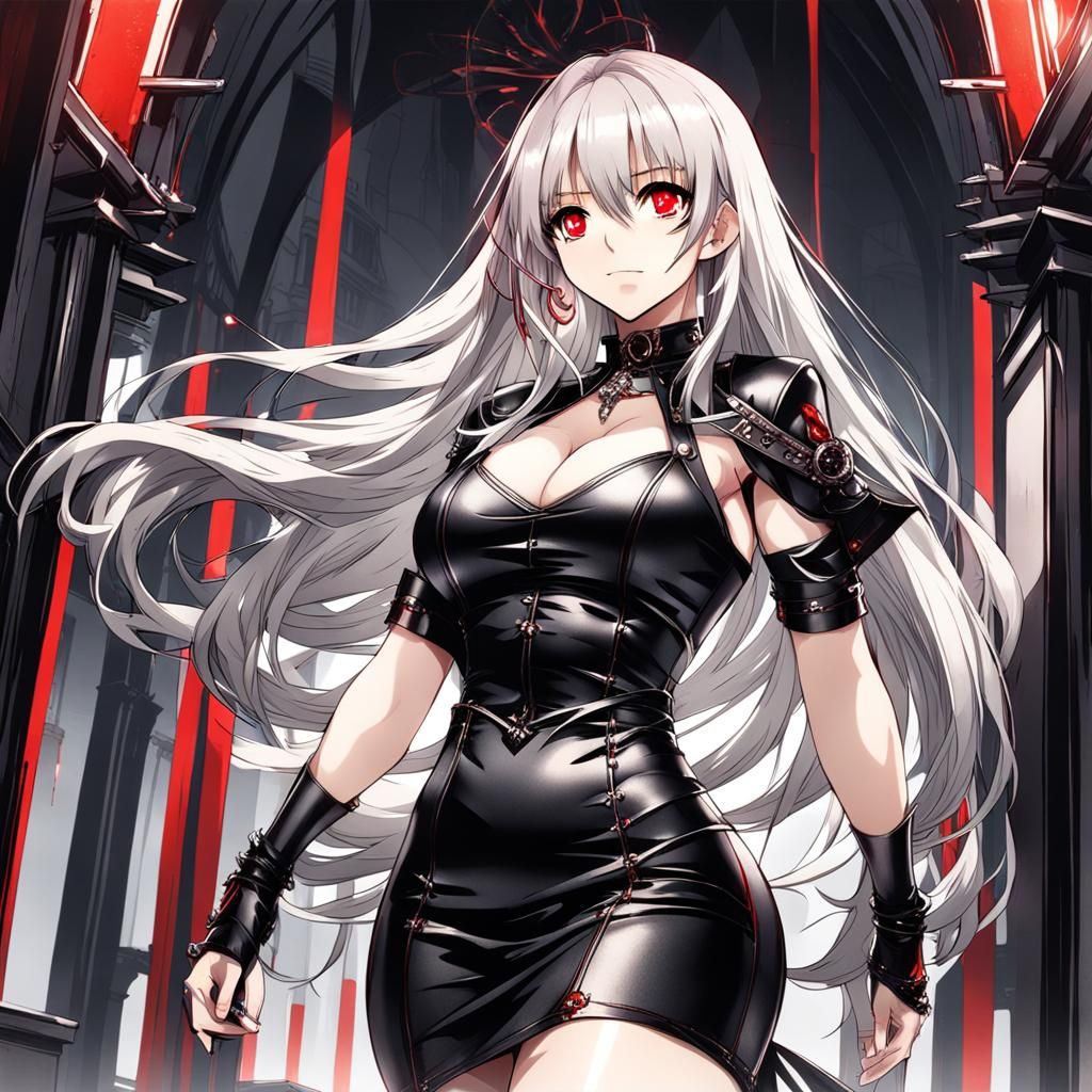 Anime Woman with Platinum Hair in Gothic Style