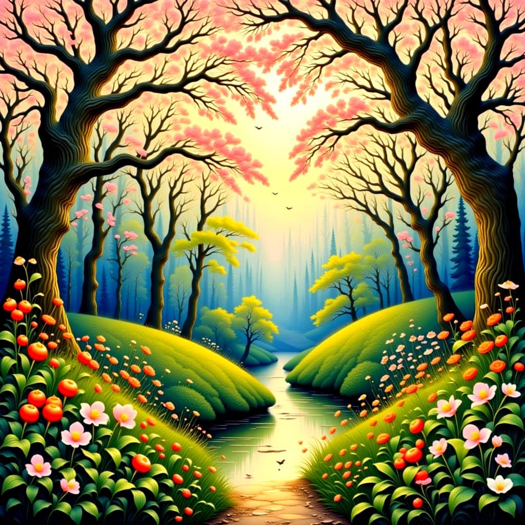 <lora:Mixing art up:1.0> <lora:Bilibin:1.0> Apple blossoms garden