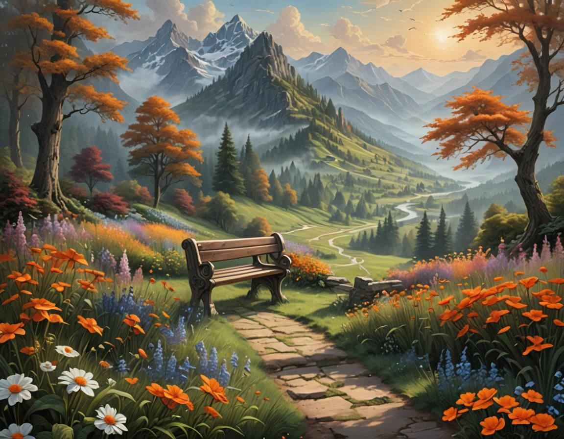 Bench in Field: Fantasy Art Landscape Painting