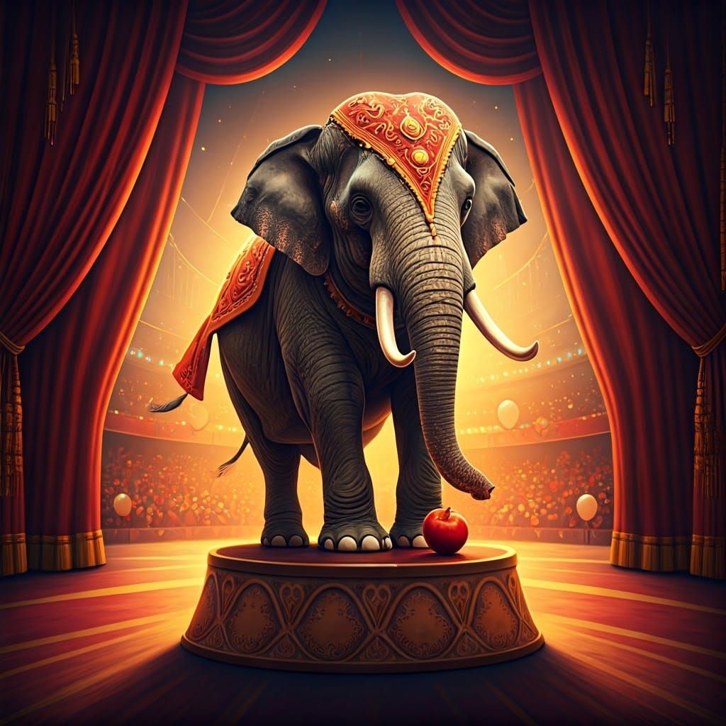 Circus Elephant in Opulent Costume Triumphs Over Shiny Apple