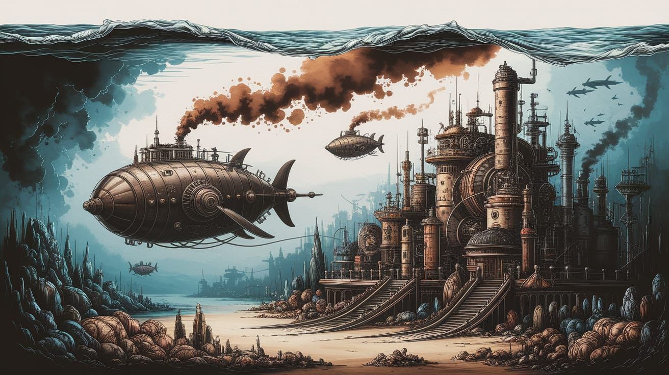 Steampunk Underwater City with Submarines as Watercolour