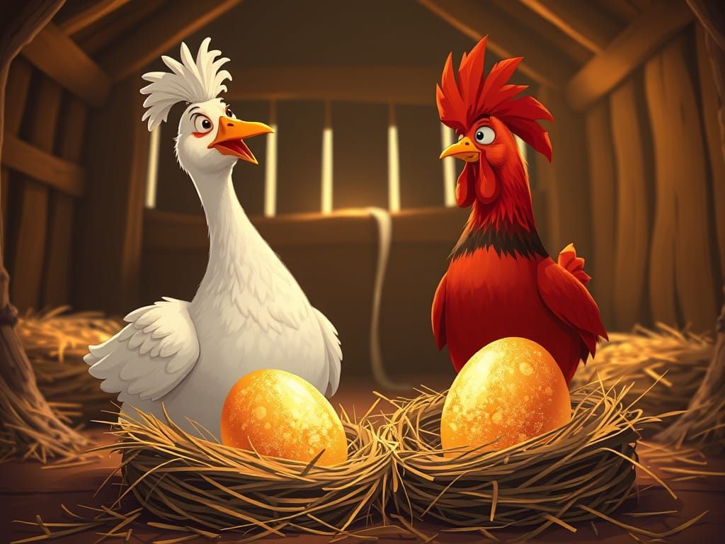 Manga-Style Goose and Hen Marvel at Golden Eggs