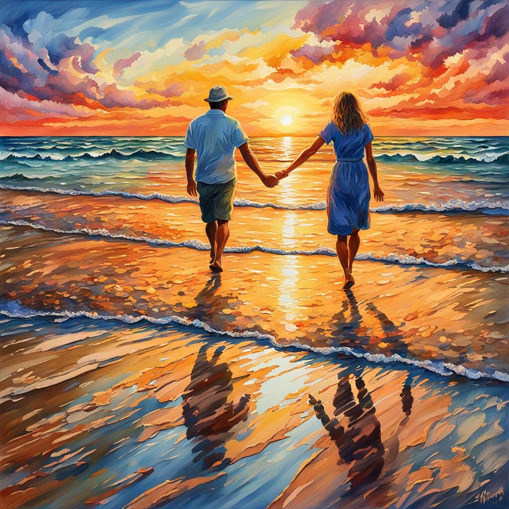 Romantic Beach Sunset in Gouache Watercolor Style