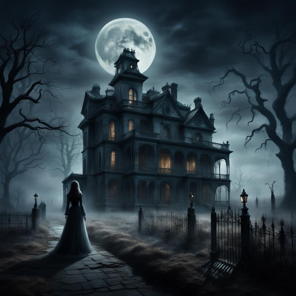 Ethereal Ghost Haunts Gothic Mansion in Sinister Landscape