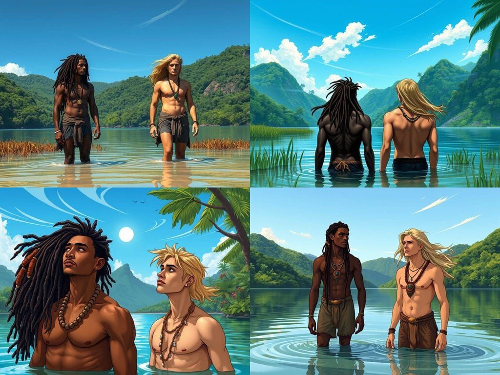 Tribesmen in a Serene Jungle Lake