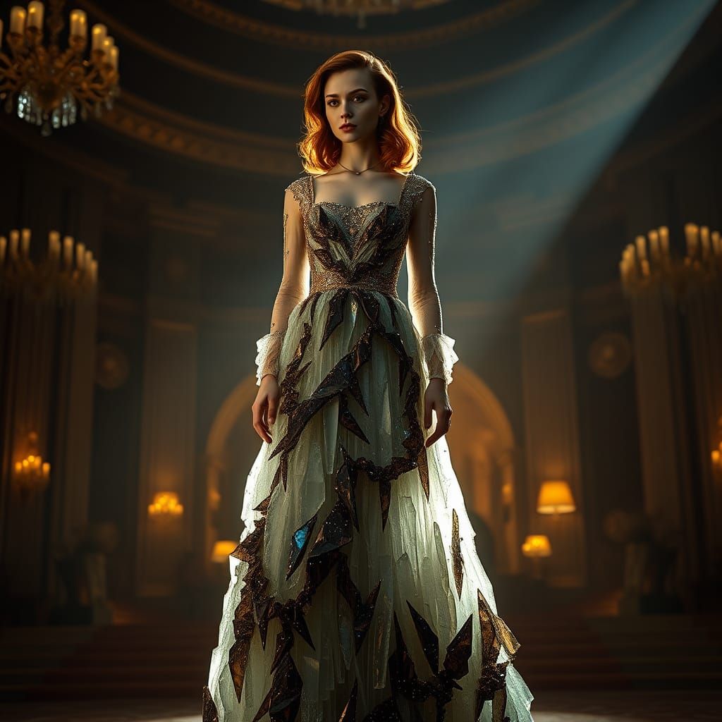 Woman in Crystal Dress in Grand Ballroom